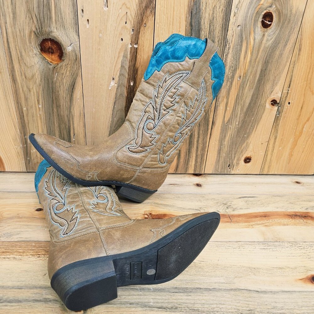 Coconuts Cimmaron Cowboy Boots Size 6 Tan / Turquoise